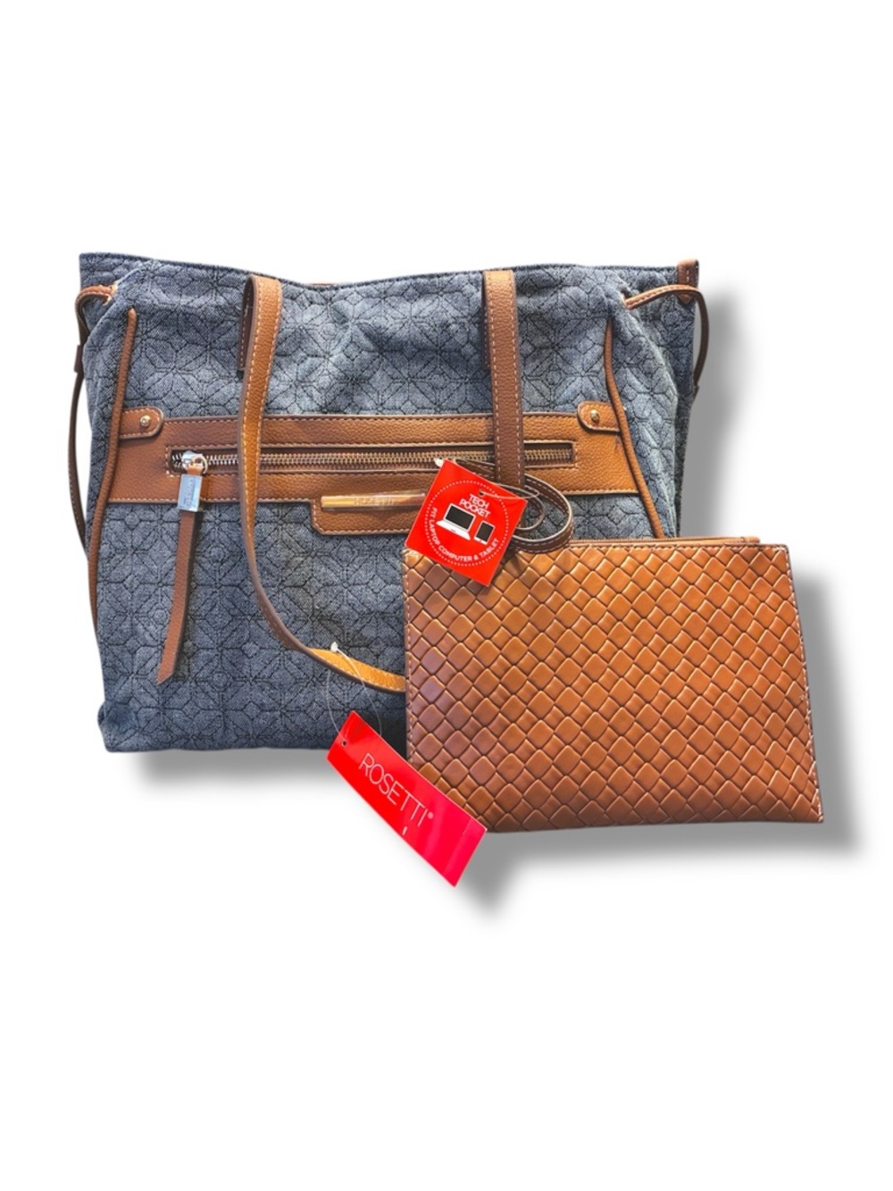 ✨ Rosetti Mel Tote NWT | Denim & Brown Tech Pocket Handbag w/ Pouch $79